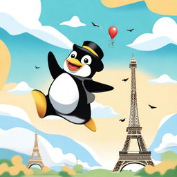 A whimsical scene featuring Linux Tux, the penguin mascot, flying over the Eiffel Tower in Paris