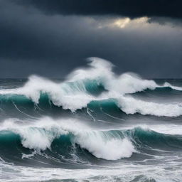 A symbolic scene of a restless sea in turmoil causing havoc. Massive, rough waves crash against each other under a stormy sky, representing the concept of chaos and strife.