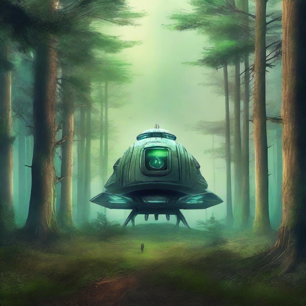 Create a dystopian and apocalyptic science fiction book cover featuring a forest with a spaceship in the middle