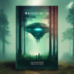 Create a dystopian and apocalyptic science fiction book cover featuring a forest with a spaceship in the middle