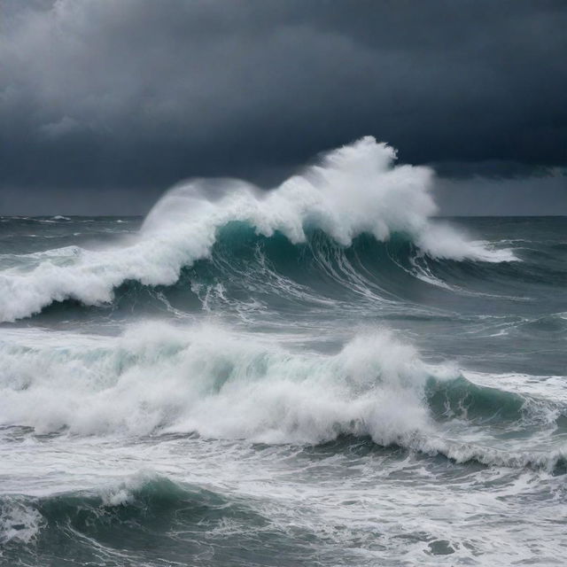 A symbolic scene of a restless sea in turmoil causing havoc. Massive, rough waves crash against each other under a stormy sky, representing the concept of chaos and strife.