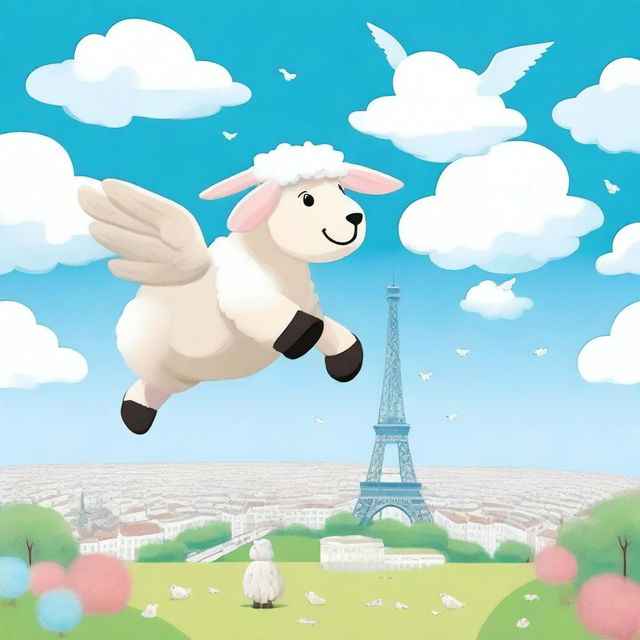 A whimsical scene of a sheep with two wings flying above Paris