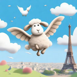 A whimsical scene of a sheep with two wings flying above Paris