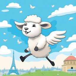 A whimsical scene of a sheep with two wings flying above Paris