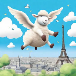 A whimsical scene of a sheep with two wings flying above Paris