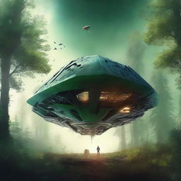 Create a dystopian and apocalyptic science fiction book cover featuring a forest with a trapezoidal spaceship that has crashed on Earth