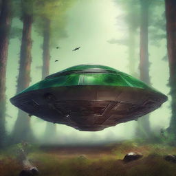 Create a dystopian and apocalyptic science fiction book cover featuring a forest with a trapezoidal spaceship that has crashed on Earth