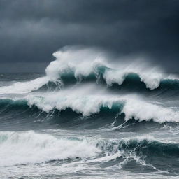 A symbolic scene of a restless sea in turmoil causing havoc. Massive, rough waves crash against each other under a stormy sky, representing the concept of chaos and strife.