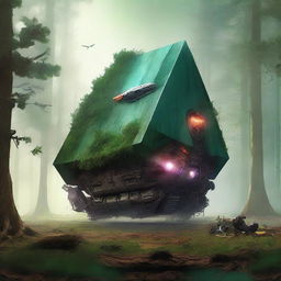 Create a dystopian and apocalyptic science fiction book cover featuring a forest with a trapezoidal spaceship that has crashed on Earth