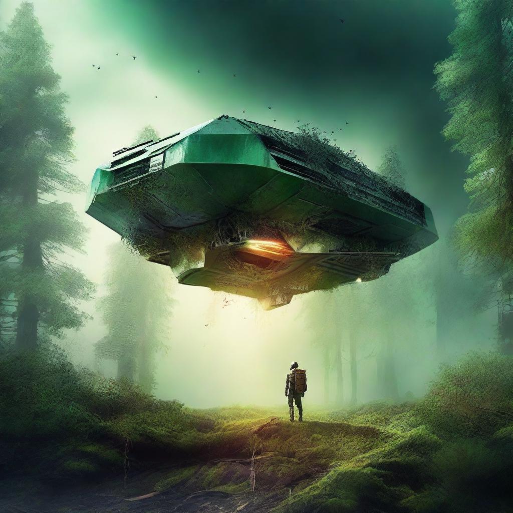 Create a dystopian and apocalyptic science fiction book cover featuring a forest with a trapezoidal spaceship that has crashed on Earth