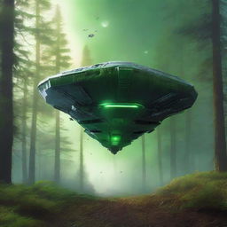 Create a dystopian and apocalyptic science fiction book cover featuring a forest with a trapezoidal spaceship that has crashed on Earth