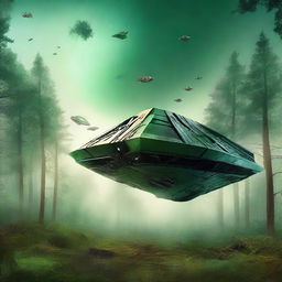 Create a dystopian and apocalyptic science fiction book cover featuring a forest with a trapezoidal spaceship that has crashed on Earth