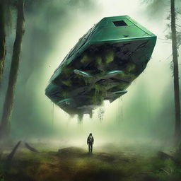 Create a dystopian and apocalyptic science fiction book cover featuring a forest with a trapezoidal spaceship that has crashed on Earth