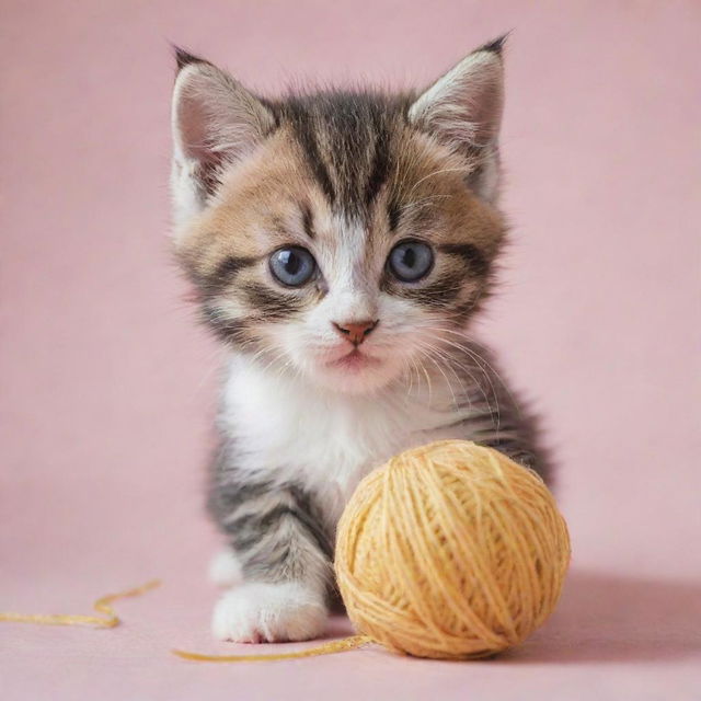 A playful and adorable kitten with bright eyes and soft fur, playing with a ball of yarn