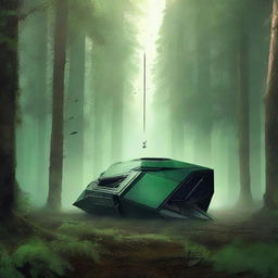 Create a dystopian and apocalyptic science fiction book cover featuring a forest with a trapezoid-shaped spaceship that has crashed in the middle