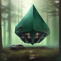 Create a dystopian and apocalyptic science fiction book cover featuring a forest with a trapezoid-shaped spaceship that has crashed in the middle