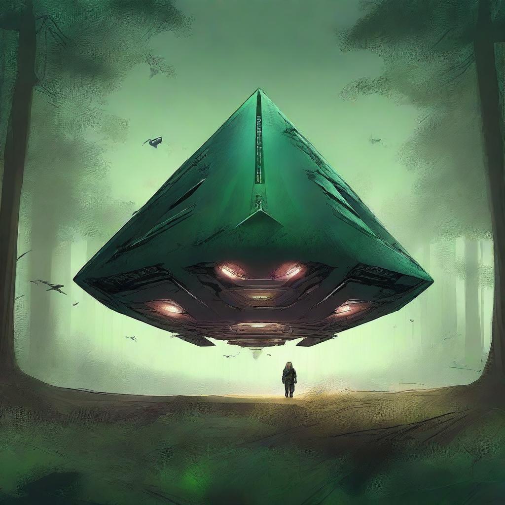 Create a dystopian and apocalyptic science fiction book cover featuring a forest with a trapezoid-shaped spaceship that has crashed in the middle