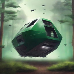 Create a dystopian and apocalyptic science fiction book cover featuring a forest with a trapezoid-shaped spaceship that has crashed in the middle