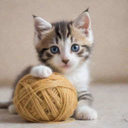 A playful and adorable kitten with bright eyes and soft fur, playing with a ball of yarn