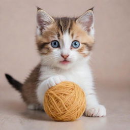 A playful and adorable kitten with bright eyes and soft fur, playing with a ball of yarn