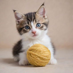 A playful and adorable kitten with bright eyes and soft fur, playing with a ball of yarn