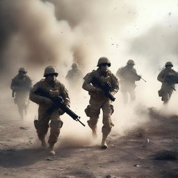 A group of male soldiers in the battlefield are covered in smoke and dust from the force of an explosion