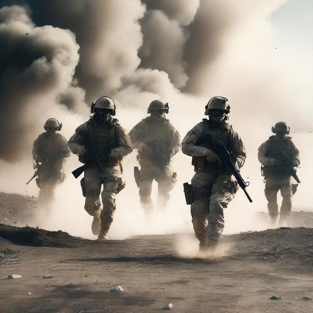 A group of male soldiers in the battlefield are covered in smoke and dust from the force of an explosion