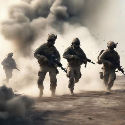 A group of male soldiers in the battlefield are covered in smoke and dust from the force of an explosion