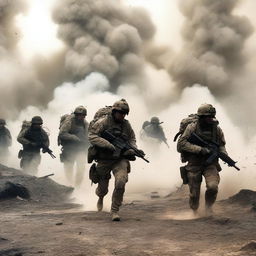 A group of male soldiers in the battlefield are covered in smoke and dust from the force of an explosion