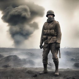 A male soldier in a World War I uniform stands on a battlefield covered in smoke and dust from a recent explosion