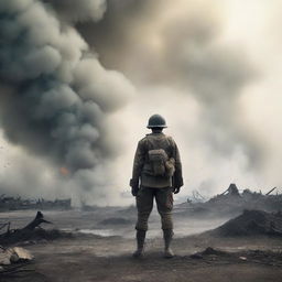 A male soldier in a World War I uniform stands on a battlefield covered in smoke and dust from a recent explosion