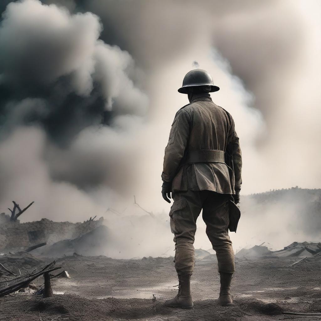 A male soldier in a World War I uniform stands on a battlefield covered in smoke and dust from a recent explosion