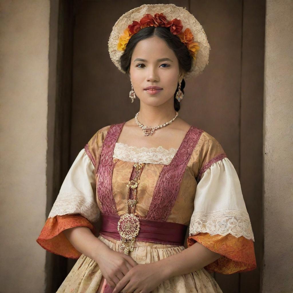 A traditional Filipina woman dressed in the Spanish colonial period attire, with a colorful baro't saya, in a vintage, sepia-toned setting.