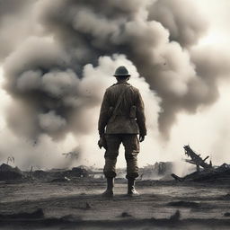 A male soldier in a World War I uniform stands on a battlefield covered in smoke and dust from a recent explosion