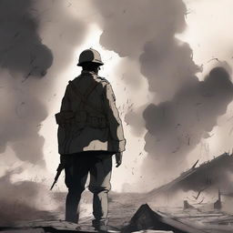 An anime-style illustration of a male soldier in a World War I uniform standing on a battlefield filled with dust and smoke from the force of an explosion