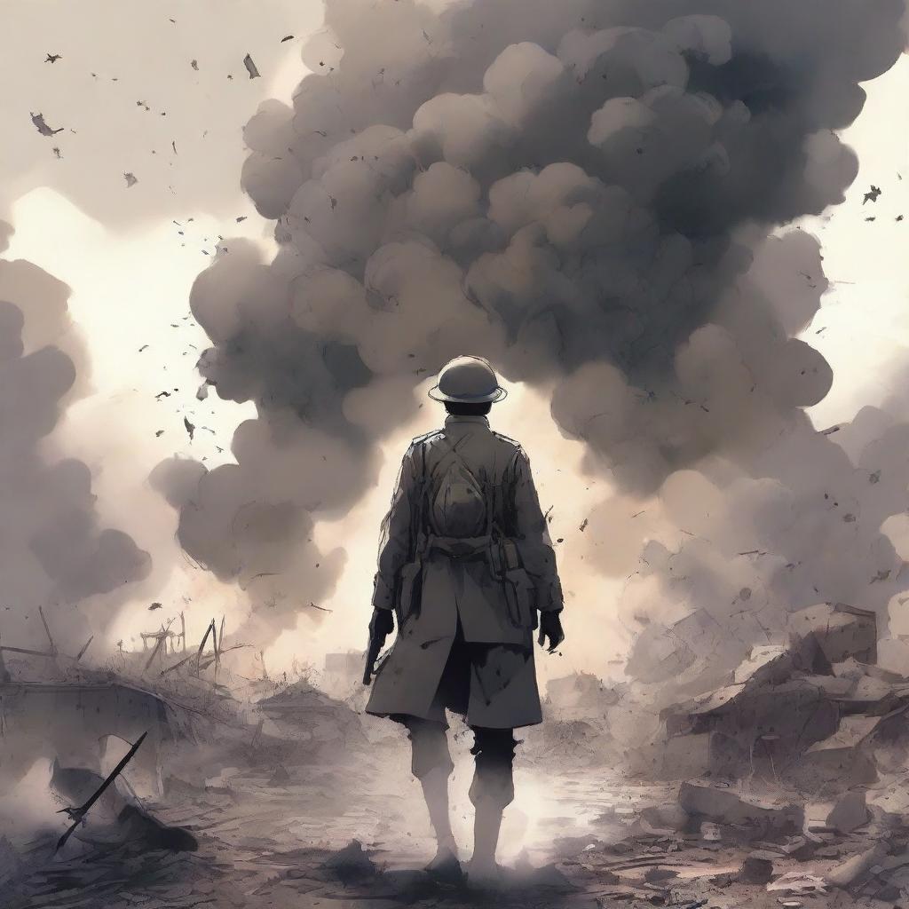 An anime-style illustration of a male soldier in a World War I uniform standing on a battlefield filled with dust and smoke from the force of an explosion