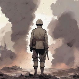 An anime-style illustration of a male soldier in a World War I uniform standing on a battlefield filled with dust and smoke from the force of an explosion