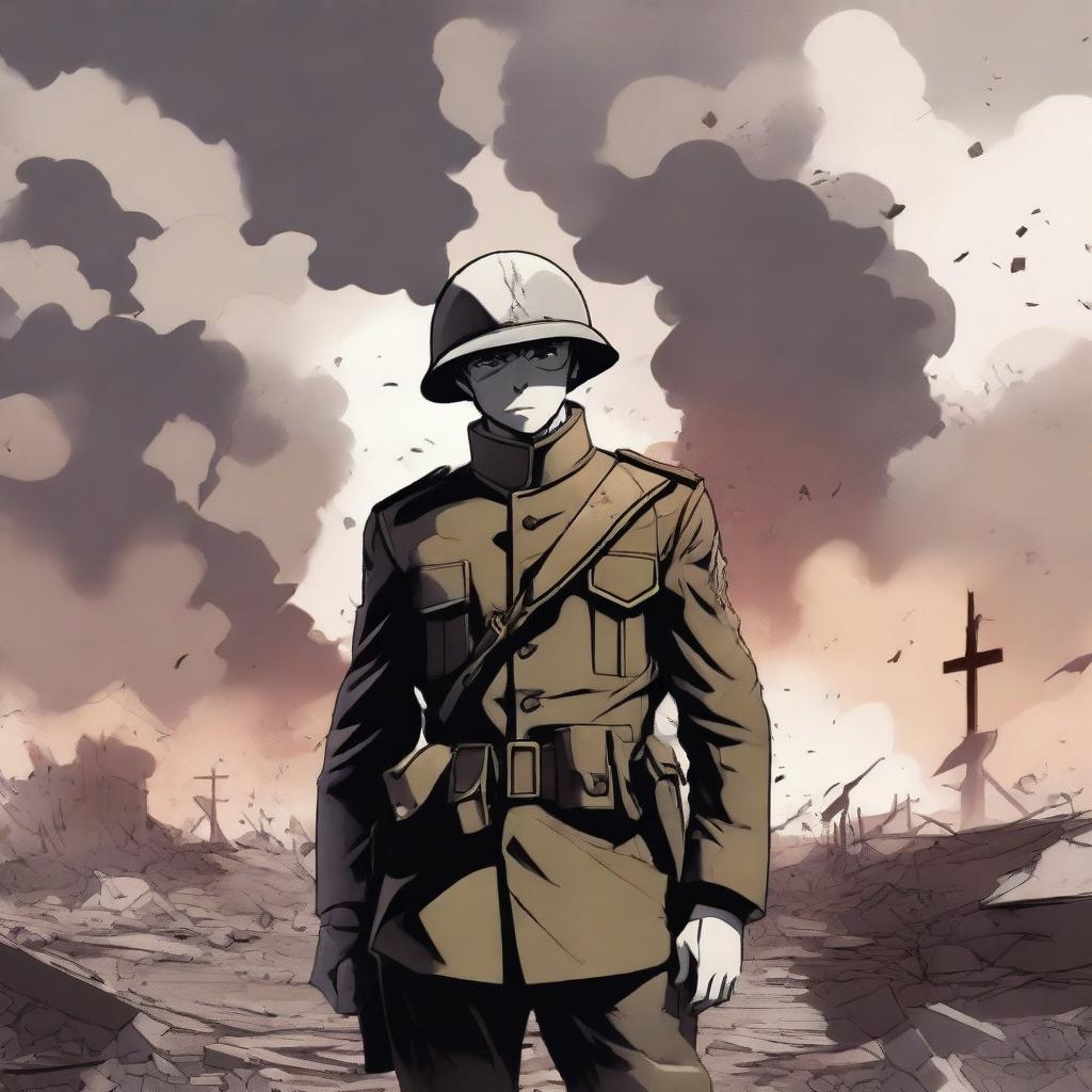 An anime-style illustration of a male soldier in a World War I uniform standing on a battlefield filled with dust and smoke from the force of an explosion