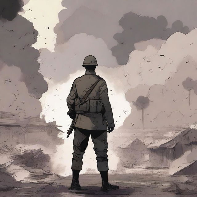 An anime-style illustration of a male soldier in a World War I uniform standing on a battlefield filled with dust and smoke from the force of an explosion