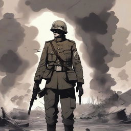 An anime-style illustration of a male soldier in a World War I uniform standing on a battlefield filled with dust and smoke from the force of an explosion