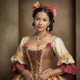 A traditional Filipina woman dressed in the Spanish colonial period attire, with a colorful baro't saya, in a vintage, sepia-toned setting.