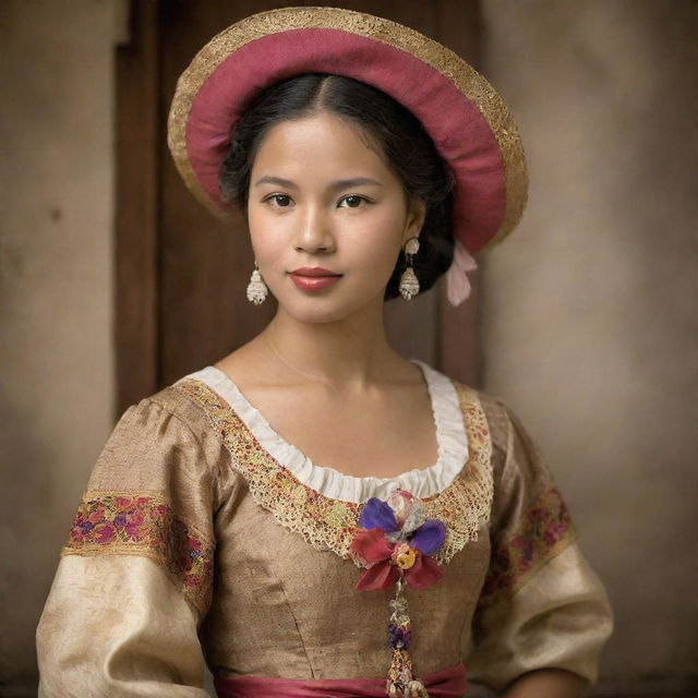 A traditional Filipina woman dressed in the Spanish colonial period attire, with a colorful baro't saya, in a vintage, sepia-toned setting.