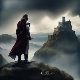 A dramatic movie poster featuring a heroic character standing on a cliff overlooking a vast, mysterious landscape