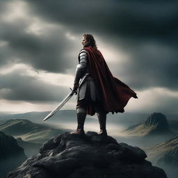 A dramatic movie poster featuring a heroic character standing on a cliff overlooking a vast, mysterious landscape