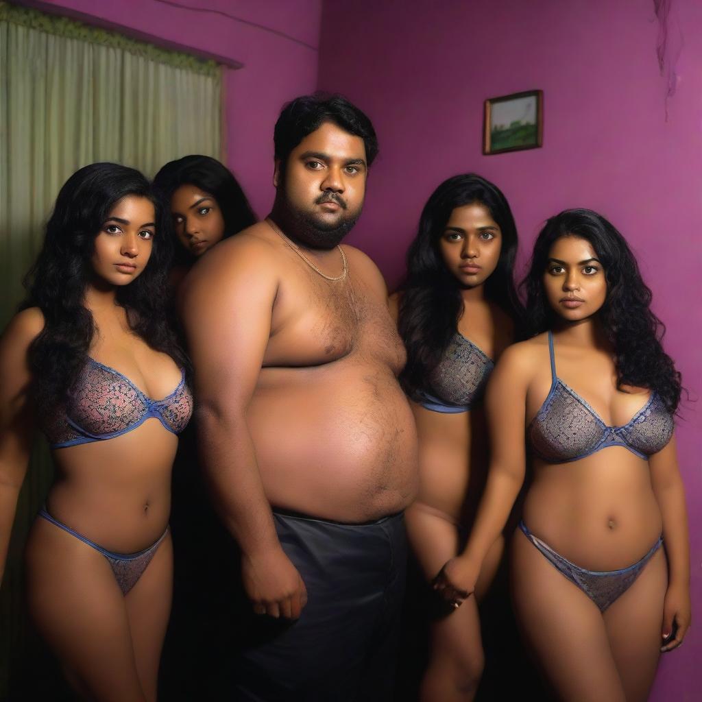 A shirtless overweight Bangladeshi man surrounded by beautiful and cute Bangladeshi women wearing lingerie, inside a room