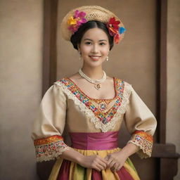 A traditional Filipina woman dressed in the Spanish colonial period attire, with a colorful baro't saya, in a vintage, sepia-toned setting.