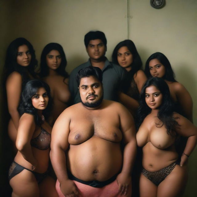 A shirtless overweight Bangladeshi man surrounded by beautiful and cute Bangladeshi women wearing lingerie, inside a room