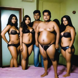 A shirtless overweight Bangladeshi man surrounded by beautiful and cute Bangladeshi women wearing lingerie, inside a room