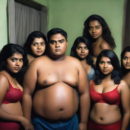 A shirtless overweight Bangladeshi man surrounded by beautiful and cute Bangladeshi women wearing lingerie, inside a room