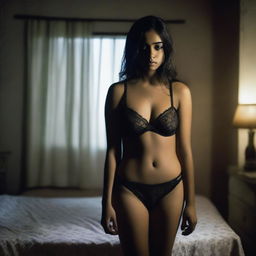 A beautiful Bangladeshi girl wearing lingerie, standing inside a bedroom with a sad expression